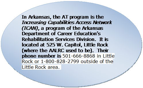 Oval: In Arkansas, the AT program is the Increasing Capabilities Access Network (ICAN), a program of the Arkansas Department of Career Education’s Rehabilitation Services Division.  It is located at 525 W. Capitol, Little Rock (where the AALRC used to be).  Their phone number is 501-666-8868 in Little Rock or 1-800-828-2799 outside of the Little Rock area.     